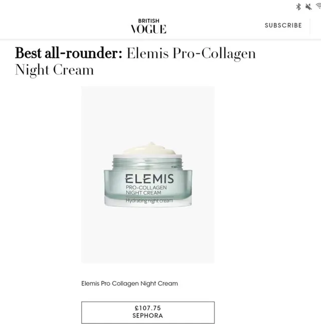 Elemis pro collagen night cream as recommended by Vogue no